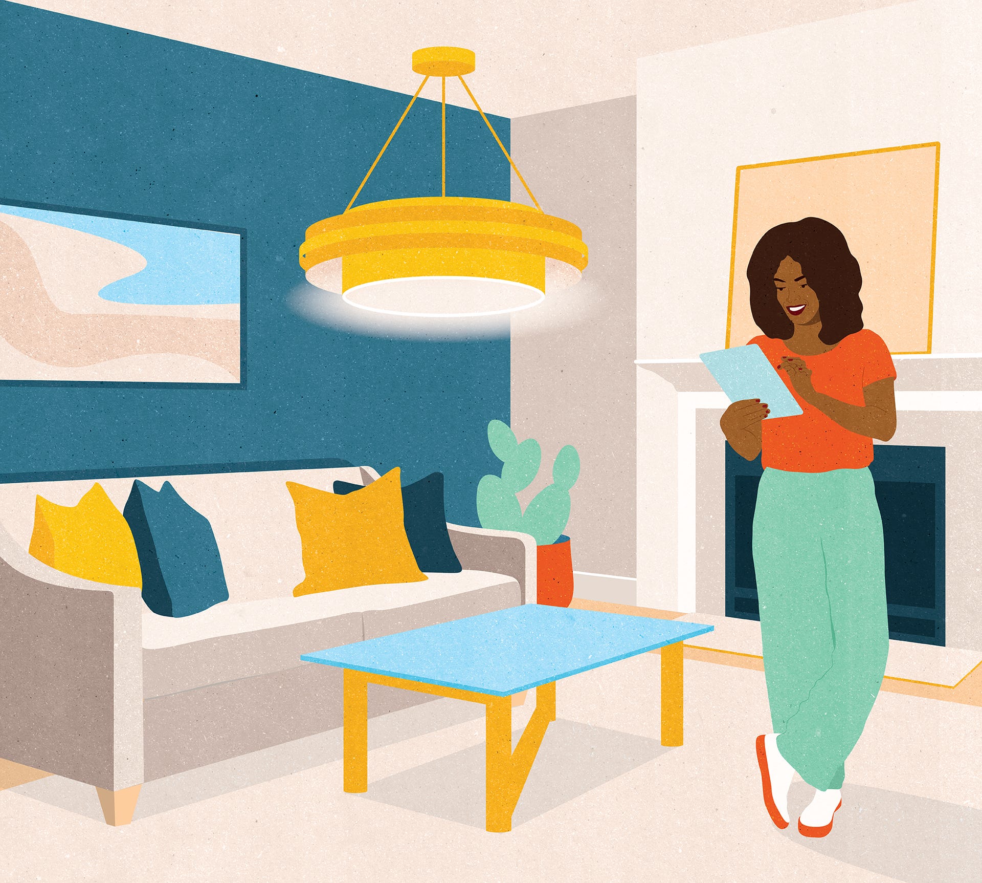 illustrated living room with woman using an ipad to turn on lights