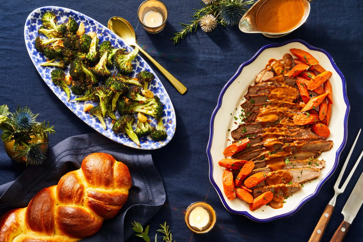 chanukah orange and garlic roasted broccoli with challah bread and oven braised brisket