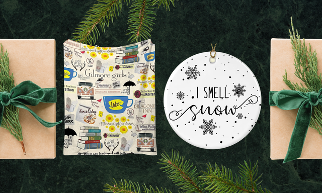 decorative items including a gift a holiday ornament and a design featuring references to a tv series
