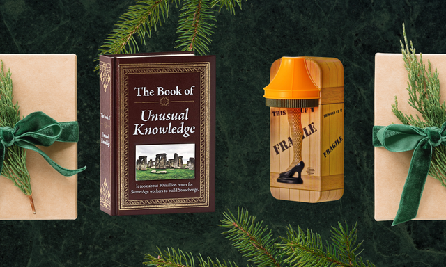 the book of unusual knowledge and a christmas story lamp night light surrounded by christmas presents