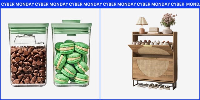 cyber monday home organizers deals snack containers on the left and shoe rack on the right