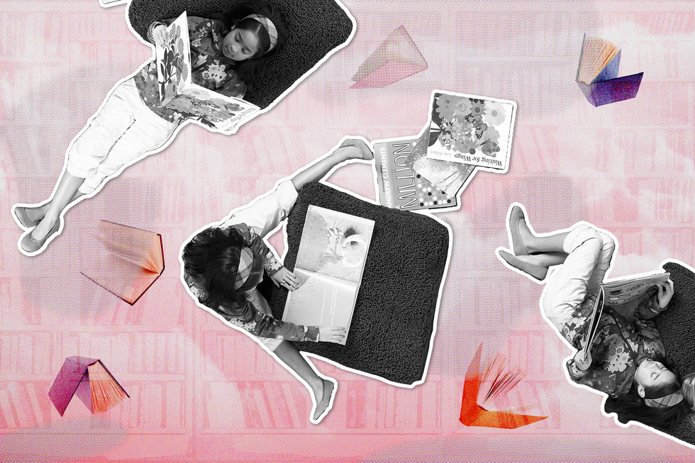 girl laying on floor reading