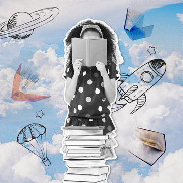 girl reading book with sky and books flying around her