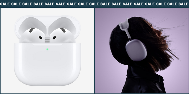 a pair of airpods and a person wearing over ear headphones