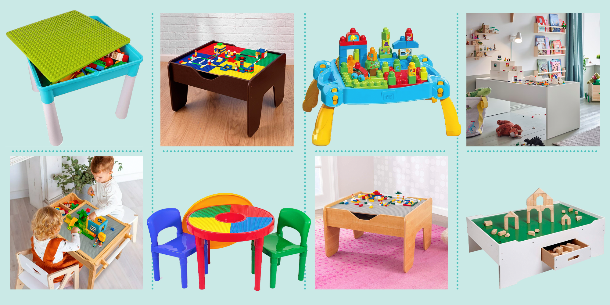 Round Lego Table with storage brick container and 4 chairs - KinderSpell ®