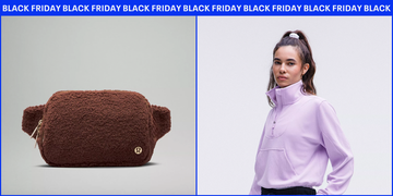 promotional image featuring a brown fleece bag and a model in a purple top highlighting black friday sales