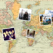 world map with travel photos of friends on top