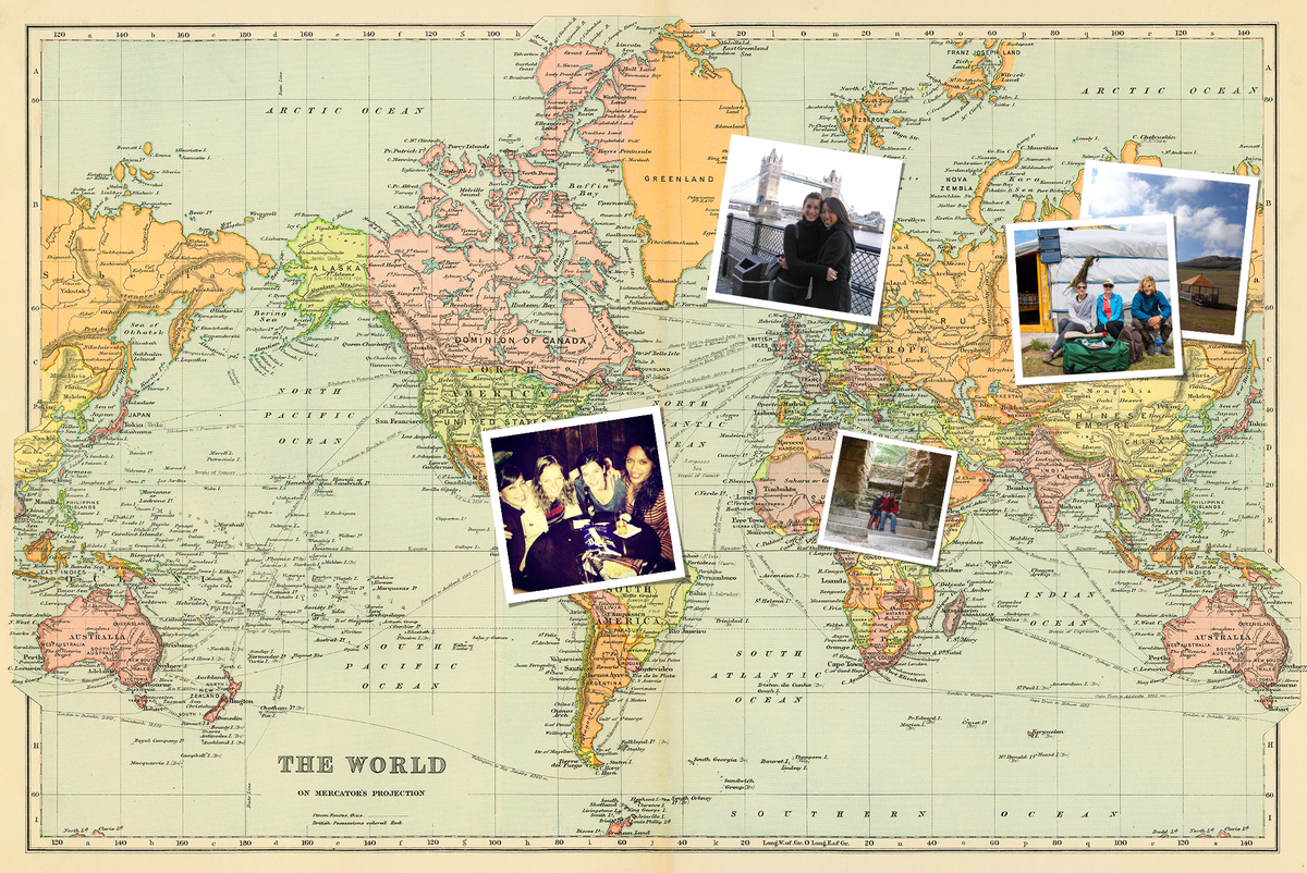 world map with travel photos of friends on top