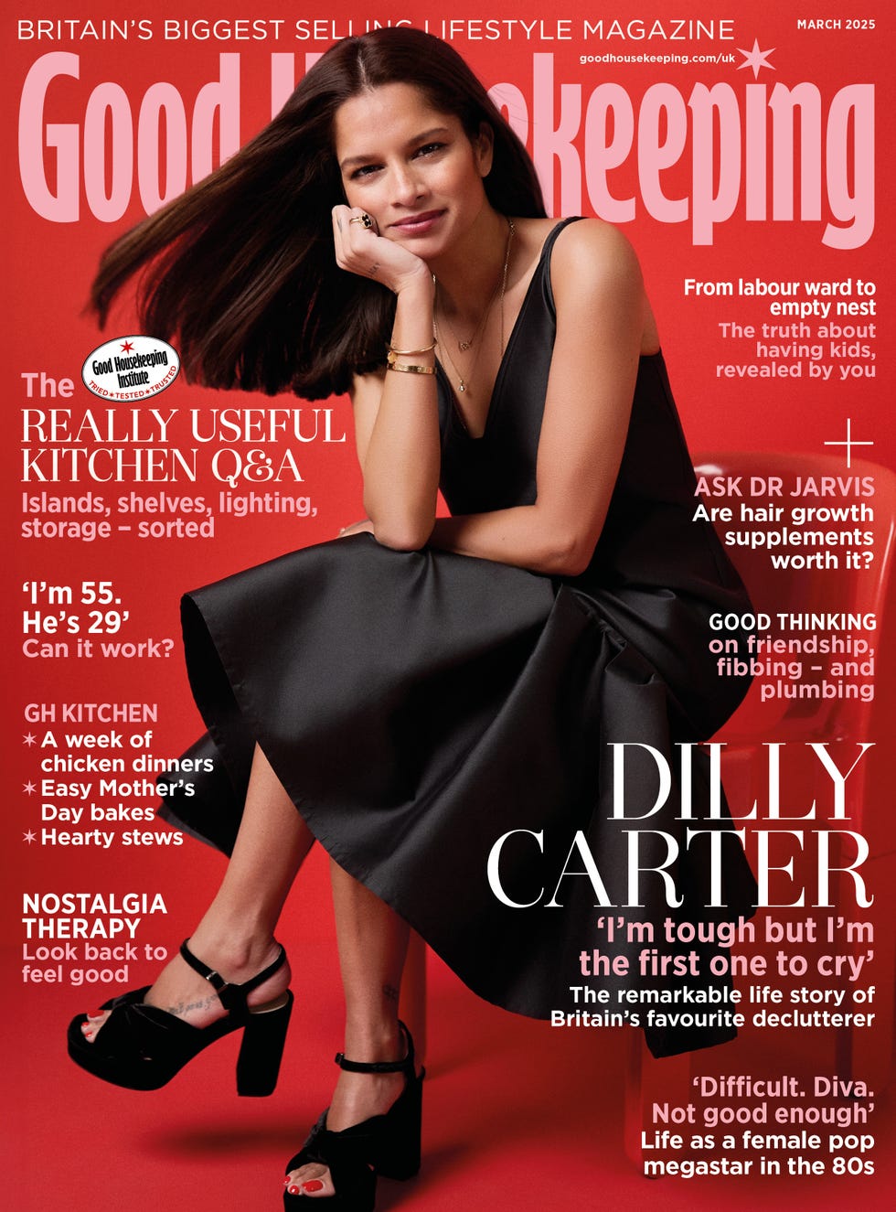 cover of good housekeeping magazine featuring dilly carter with various articles highlighted