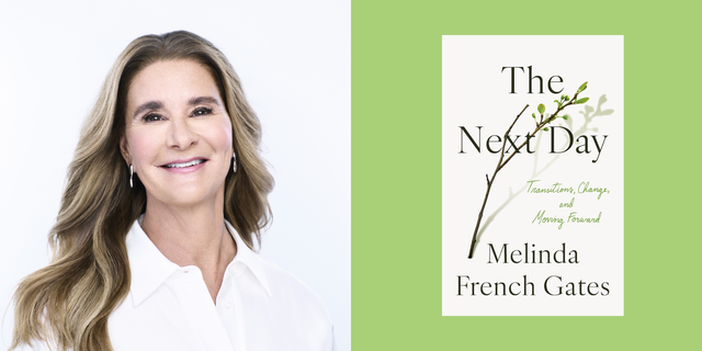 book cover titled the next day by melinda french gates alongside a photo of melinda