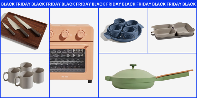 collection of kitchenware and appliances including knives an oven mugs baking dishes and a skillet
