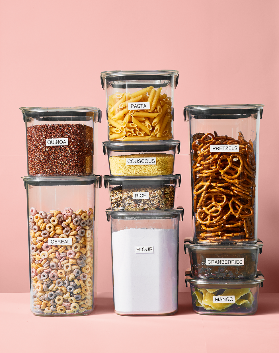 clear pantry organization containers filled with snacks