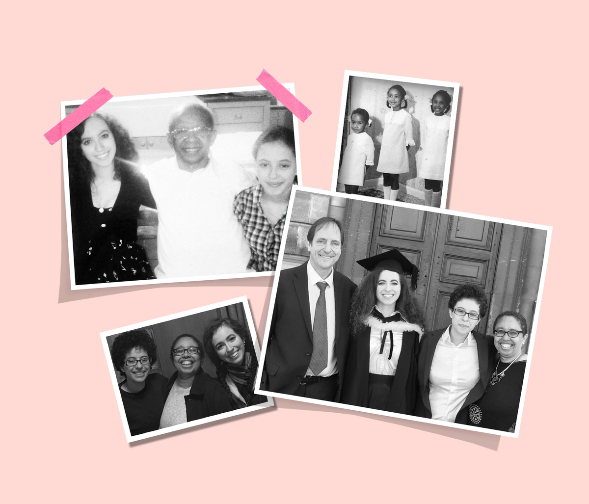 a collage of family photos in black and white on a light pink background