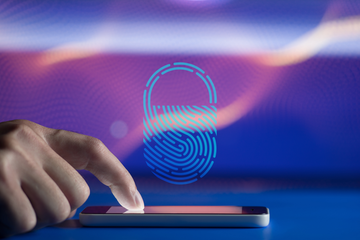 a hand touching phone screen with fingerprint icon