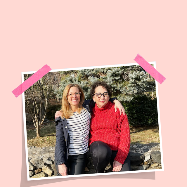 the writer right and her bff, alexandra left, with arms around each other while sitting on a stone wall the started their friendship when andrea, the writer, was in her 50s