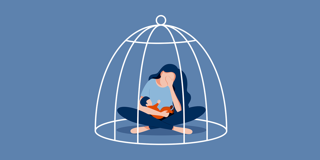 illustration of young mother with her baby trapped in a cage looking defeated