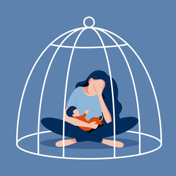illustration of young mother with her baby trapped in a cage looking defeated
