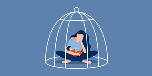 illustration of young mother with her baby trapped in a cage looking defeated