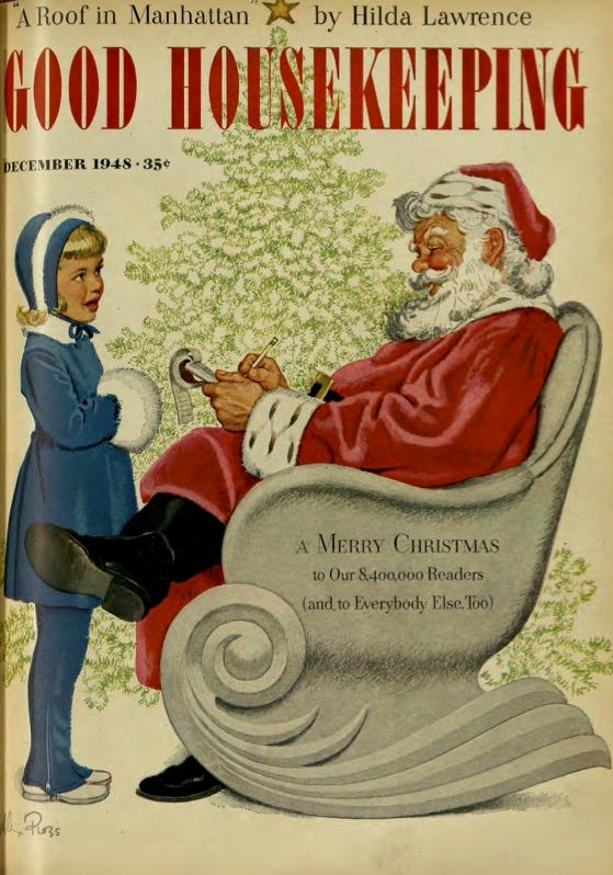 the cover to good housekeeping's december 1948 issue, which features santa talking to a young girl while taking notes