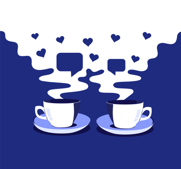 two coffee cups with conversation bubbles and heart shapes above them