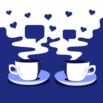Two coffee cups with conversation bubbles and heart shapes above them two coffee cups with conversation bubbles and heart shapes above them
