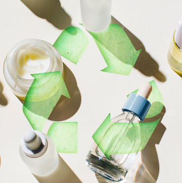 beauty and skincare bottles with a recycling symbol on top
