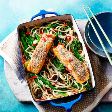 best traybake recipes miso salmon and noodle traybake