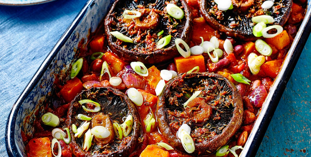 Baked Portobello mushrooms on Smoky Beans Traybake baked portobello mushrooms on smoky beans traybake
