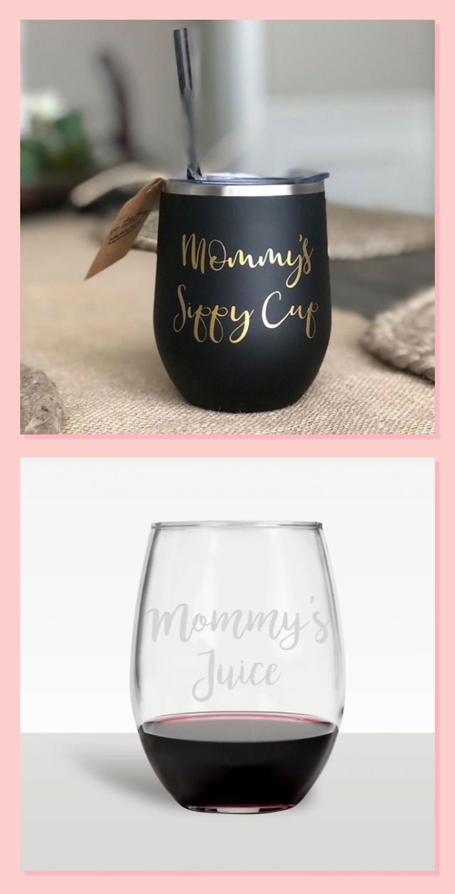 "mommy's sippy cup" and "mommy's juice" wine tumblers as an example of wine mom culture