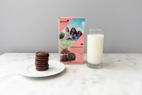 box of chocolate girl scouts cookies with cookies on a plate and a glass of milk