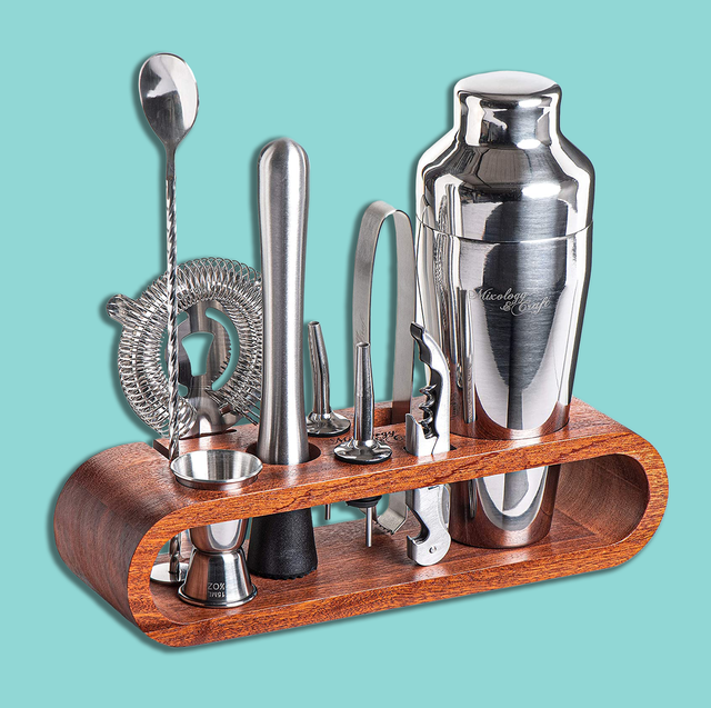 Mixology Bartender Kit: 10-Piece Bar Tool Set with Stylish Bamboo Stand -  Perfect Home Bartending Kit and Martini Cocktail Shaker Set, Silver