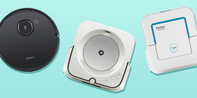 three robot mops from deebot irobot and roborock on a blue background