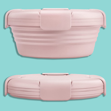 pink meal prep container on blue background