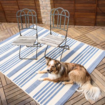 blue and tan striped outdoor rug on a wooden patio