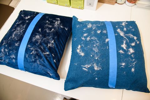 upholstered pillows used for pet hair removal tool testing