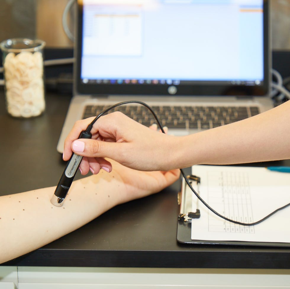 Best Moisturizers for Oily Skin: testing photo a testing photo using the corneometer in the good housekeeping institute for the best moisturizers for oily skin