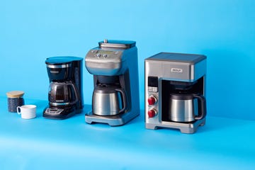 a variety of coffee makers shown on a blue background