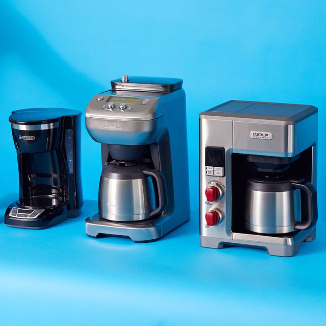 a person pouring coffee into a cup with three coffee makers on a blue background