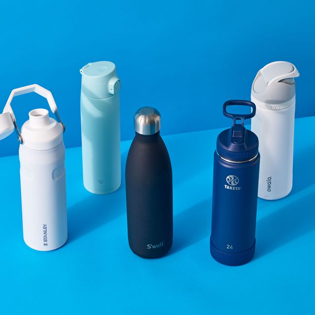 a group of water bottles