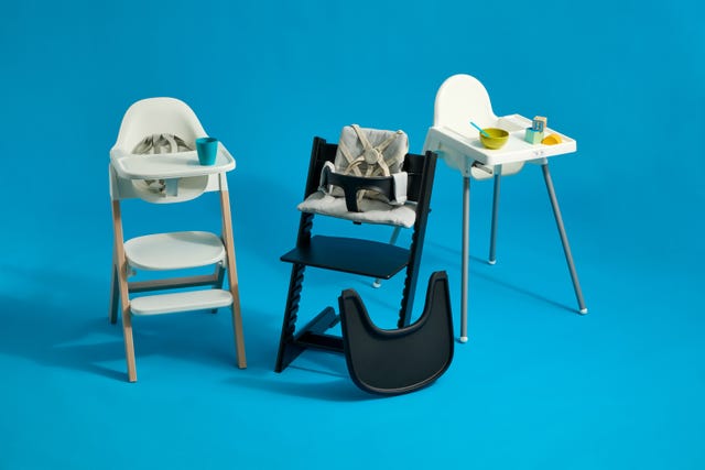 three high chairs in a row, including the mockingbird, stokke tripp trapp and ikea high chair