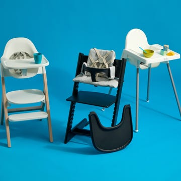 three best high chairs, according to good housekeeping institute three high chairs in a row, from the brands mockingbird, stokke tripp trapp and ikea