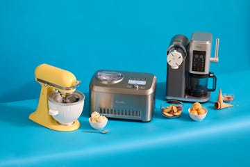 three ice cream makers with ice cream, bowls, spoons, cones and peaches