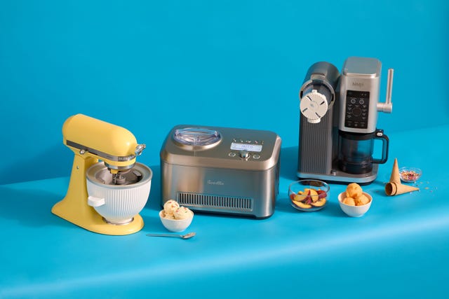 three ice cream makers with ice cream, bowls, spoons, cones and peaches