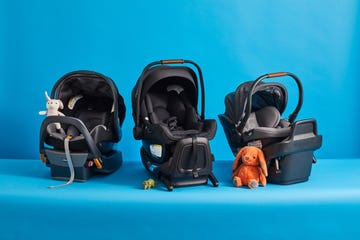three top tested infant car seats shown with two stuffed animals, part of a good housekeeping list of the best infant car seata