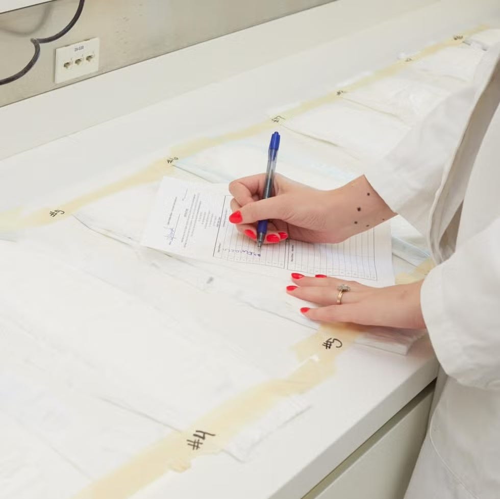 a woman fills out a survey about the performance of baby diapers at the good housekeeping institute