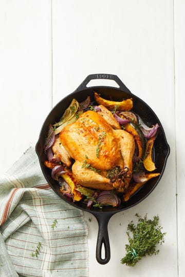 Roasted chicken with vegetables in a skillet