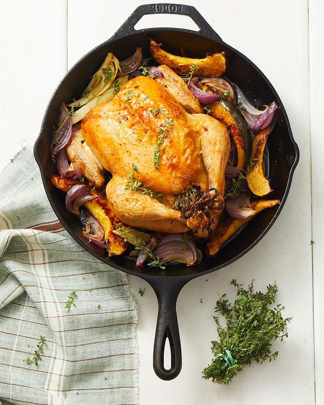 roasted chicken with vegetables in a cast iron skillet