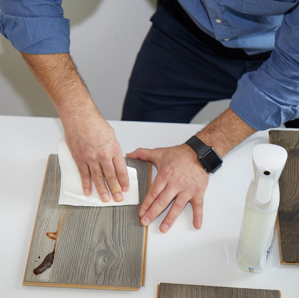 laminate floor testing a good housekeeping expert tests stain resistance of laminate flooring by seeing how easily a range of stains are removed with a towel and cleanser