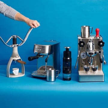 best manual espresso machines four different espresso machines on a blue background