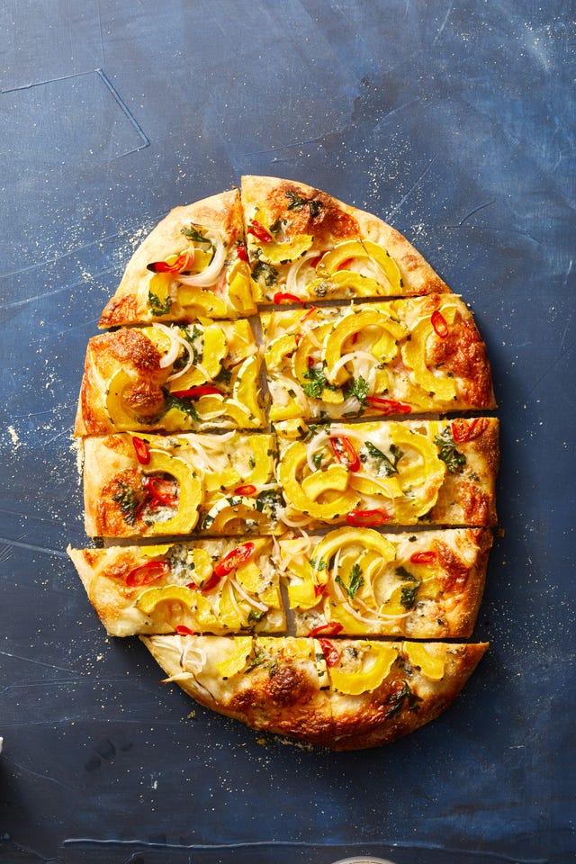 delicata squash pizza cut into slices